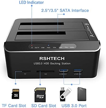Estação de acoplamento do disco rígido RSHTECH USB 3.0 Alumínio Dual Baía Dock Dock Dock para 2,5 e 3,5 SATA HDD SSD com SD/Micro SD Card Reader e Clone Offline/Duplicador Suporte