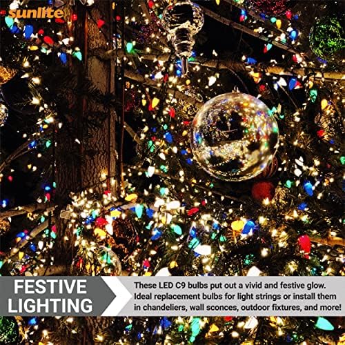 Sunlite 80709 LED C9, lâmpada decorativa de férias, 0,4 watts, base intermediária E17, luzes de Natal facetadas; Luz