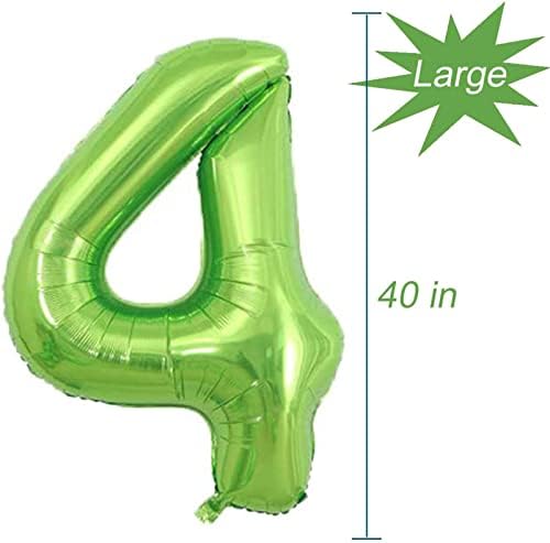 Keriloo 40 polegadas Número 4 Balões verdes com dinossauro destacável Helium helium digital Decorações de aniversário coloridas para festa de aniversário, casamento, sessão de fotos de noivado de chuveiro de noiva, aniversário