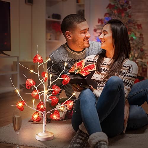 Árvore dos namorados iluminados de 24 polegadas com 12 corações de vime, 24 LED de decoração do dia dos namorados LED Tree, 8 modos,