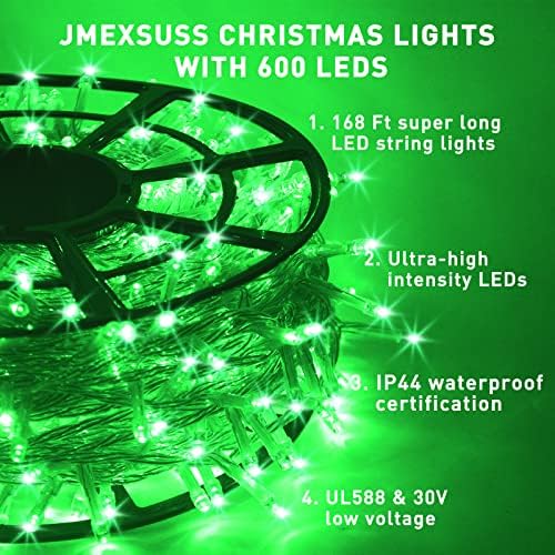 JMEXSUSS 600 Luzes de cordas verdes à prova d'água ao ar livre, luzes de decorações do dia de St Patricks, 8 modos Luzes de Natal LED verde Luzes de Natal transparente para para a decoração de árvore de Natal de Halloween St Patricks