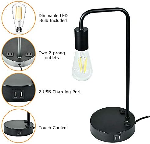 Lâmpada de mesa LEGELITE, lâmpada de mesa de controle de toque industrial com 2 portas de carregamento USB e 2 saídas