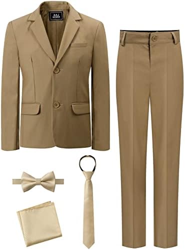 A&J Design Boys 5 peças de terno formal com jaqueta, calça de vestido, gravata, gravata borboleta e quadrado de bolso