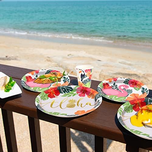Tropical Luau Party Supplies Flamingo Party Dinnerware Definir placas de papel descartáveis ​​guardanapos de xícaras e toalha de mesa para decorações de festa na praia havaiana, servir 25