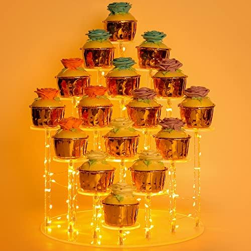 Stand Cupcake - Premium Bolo Pop Pool - Bolos Display Standing Stands para 16 Cupcakes + String Light Yellow LED - Ideal para casamentos, festas de aniversário, jantar à luz de velas