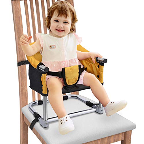 Cadeira alta portátil dobrável, assento de atividade infantil e assento de alimentação para bebês para casa e viagens, cadeira alta leve para criança para mesa de jantar amarela