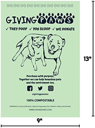 Dando Paws Sacos de cocô de cachorro - compostável - 20% doados para resgate de animais - Baseado em plantas - 9 x13 Sacos de desperdício