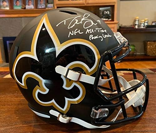Drew Brees autografou assinado assinado em Nova Orleans amp em tamanho real líder de passagem de capacete Beckett