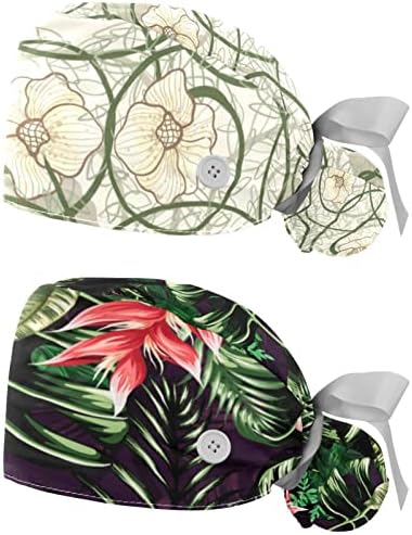 Chapéus bufantes ajustáveis ​​Porta de rabo de cavalo 2 pacotes, padrão de flor de caju de enfermagem limpa Caps Mulheres
