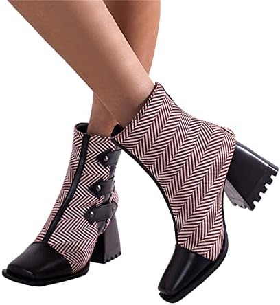 Botas de meia Waserce Mid Calf Ladies Fashion Colorblock Print Square Toe Back Zip Botas de salto alto Botas de borracha Mulheres