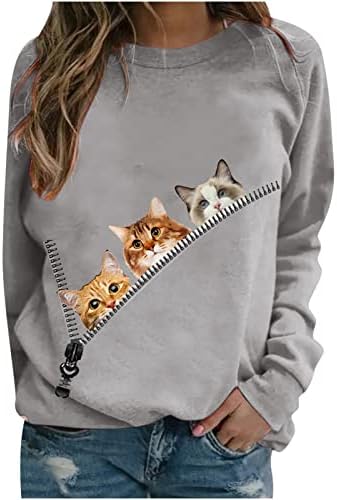 Tops de estampa de animal para mulheres 3D zíper aparecem camisa de gatinhos de manga longa Selta de punção de pullinatra engraçada