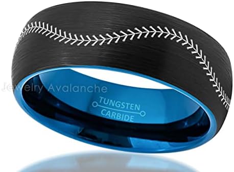 Jóias Avalanche Padrão personalizado Baseball costura tungstênio bandas correspondentes ou por individual - Blue & Black Dome Tungstênio Ring Ring Comfort Comfort Anniversary Bands