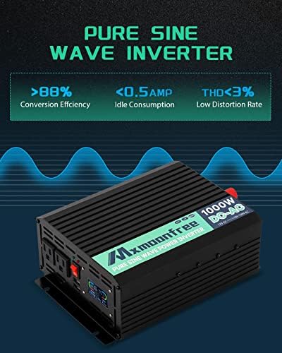 MXMOONFREE 1000W Inversor de onda senoidal pura 12V DC a 110/20V AC, tela LCD, 2 porta USB, 2 pontos de venda para RV Off