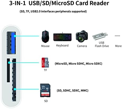Zoiot SD Card Reader para iPhone Adaptador USB 3 em 1 SD MicroSD Card Adapter para iPad Leitura simultânea Cartões de