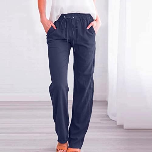 Calças de linho de algodão calças casuais de verão com bolsos soltos de cordão solto de cintura alta de cintura alta