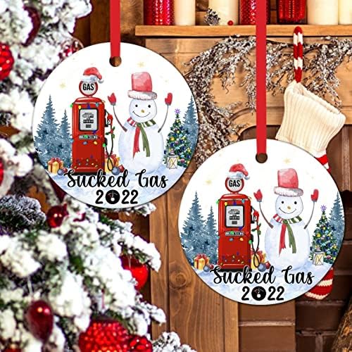 Ornamentos de boneco de neve para a árvore de Natal Funny Gas Pump 2022 Novelty redonda ornamentos de cerâmica de natal boneco