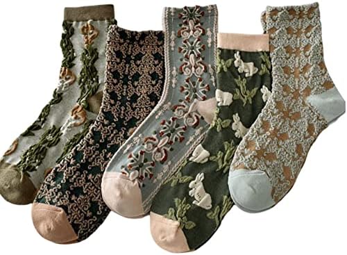 Piplyki 5 pares meias de algodão floral feminino, meias florais bordadas vintage, meias florais vintage quentes para inverno