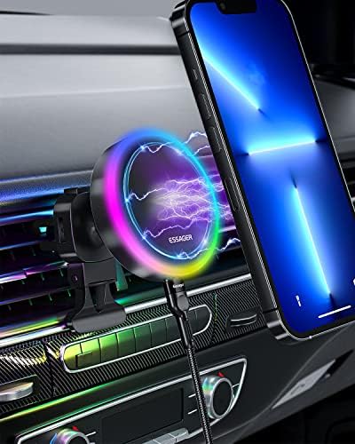 Montagem do carregador de carro sem fio magnético RGB, suporte de telefone de ventilação de ar para Magsafe iPhone 12/13/14, carregamento rápido de 15w