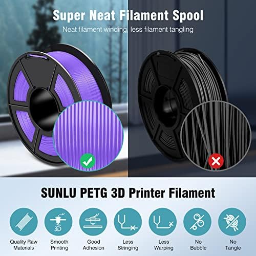 Filamento da impressora PETG 3D, SunLu Super Pleat Filament Spool, Filamento PETG forte 1,75 mm Precisão dimensional +/- 0,02mm, 1kg de bobo, 320 metros, petg roxo