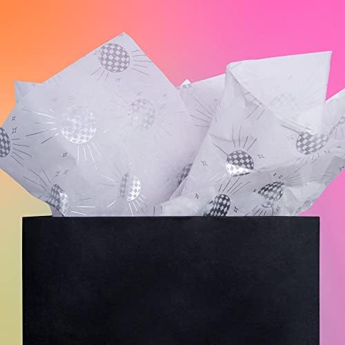 50 lençóis grandes brancos com papel bola de bola prateada Papel de papel a granel, 28 x 20 polegadas, papel de leme de bola de discote