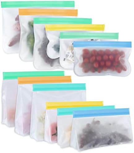 Sacos de armazenamento de alimentos reutilizáveis ​​- Axbima 12 Pack Peva Sacos de congelador reutilizáveis ​​para sanduíche - Stand -up reutilizável lanche sacos de fechadura para casas/viagens de frutas de frutas de frutas de cereais nozes