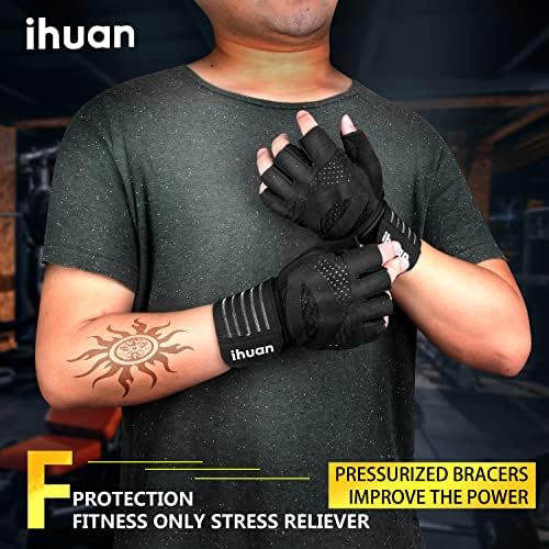 Ihuan Luvas de treino de ginástica de levantamento de peso ventilado com suporte de pulso para homens e mulheres, proteção de