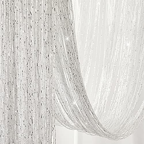 Estmy Bling Metallic String Tassel com revestimento de cortina de chuveiro de tecido com ganchos, White Silver Sparkle Glitter Glamourous Fringe Curta