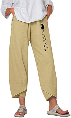 Ethkia Ladies Capri calças de pernas largas com cintura elástica as calças de linho de algodão cultivado com bolsos leggings para mulheres
