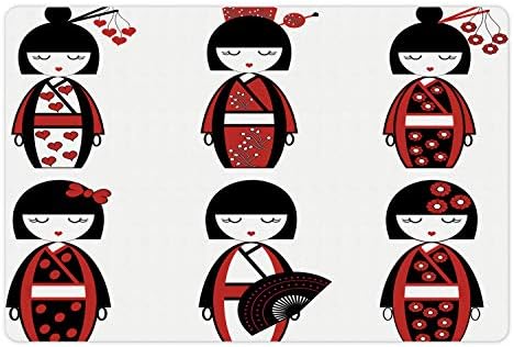 Ambesonne étnico tapete de estimação para alimentos e água, bonecas de gueixa exclusivas em trajes folclóricos roupas de cabelo bastões de cabelo kimono artage, retângulo de borracha não deslizante para cães e gatos, vermelho preto vermelho