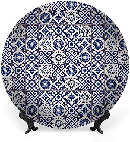 Ligutars Placas decorativas, ornamento marroquino de impressão, antigo estilo otomano inspirado em ladrilhos marroquinos em, 7 polegadas, 1 placa com 1 suporte de exibição, azul cinza