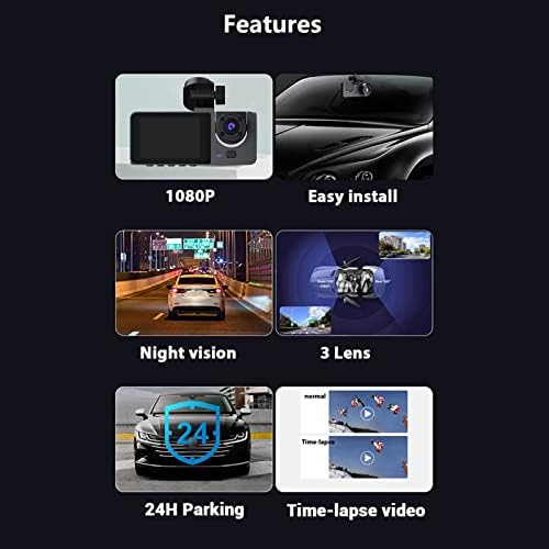 Câmera de painel inteligente para carros, câmera de traço HD 1080p para carro, 3 canais dianteiros e traseiros internos,
