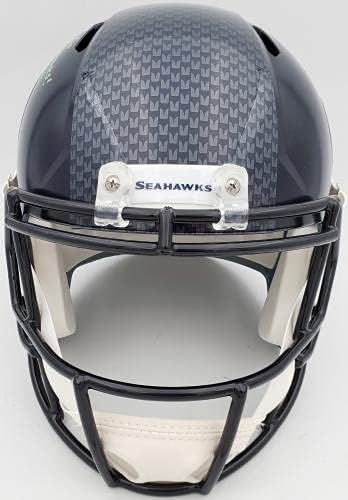 Tyler Lockett autografou o capacete de réplica de velocidade em tamanho real de Seattle Seahawks em Green Go Hawks MCS