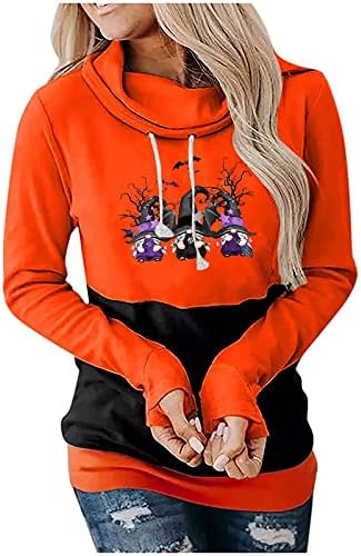 Womens Halloween Cuzinho Pullover de pescoço de elfo fofinho Tops de abóbora Casual Moletom de manga longa com bolsos