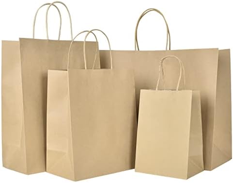 Sacos de papel Kraft naturais de 100pcs com alça, tamanho de 4 tamanho, sacolas de compras, sacolas de varejo, sacolas de favor de festas com alças ， 25 sacolas por tamanho, 5,5 ”x3,75” x8 ”e 8” x4,75 ”x10” e 10 ”x5 x5 X13 ”e 16” x6 ”x12”
