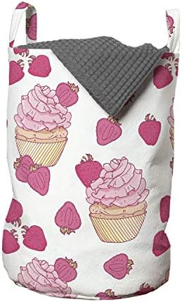 Bolsa de lavanderia de cupcakes de Ambesonne, design de bolo de sobremesas de creme de manteiga de morango com morango, cesta de cesto com alças fechamento de cordão para lavanderias, 13 x 19, rosa pálido rosa rosa
