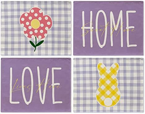 Spring Placemats Conjunto de 4 casas Love Love Bunny Purple Buffalo Plaid Lavagem de tapetes de mesa primavera verão Decoração