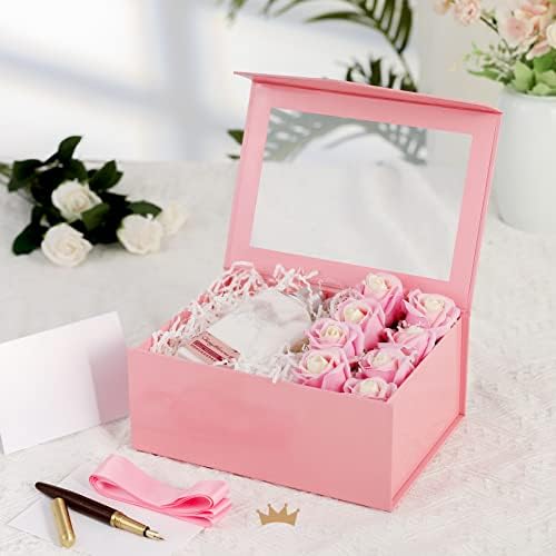 Caixa de presente PackQueen com janela, 9x6.5x3.8 polegadas, caixa de presente rosa para presente contém fita, cartão, caixa de proposta
