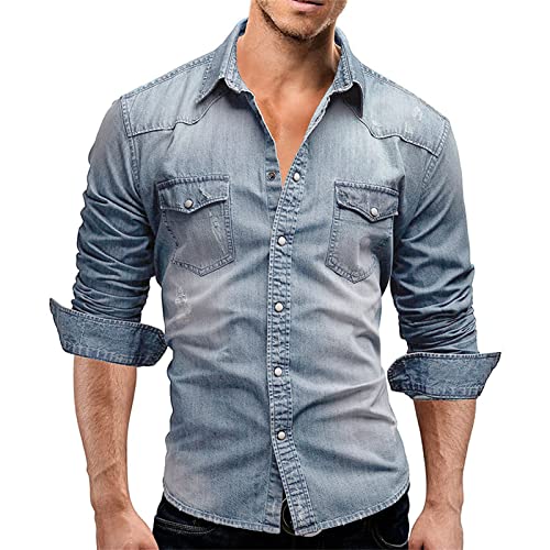 Camisa jeans para homens clássicos slim fit manga longa botão para baixo camisas