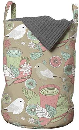 Bolsa de lavanderia natural de Ambesonne, xícaras de chá com pássaros Flores de limão e folhas em cores retrô, cesto de cesto com