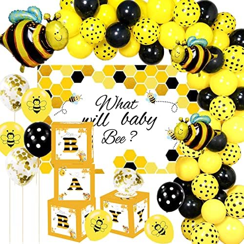 Fvabo O que será o gênero revelar suprimentos de festa - decorações de chá de bebê abelhas incluem cenário, balões guirlanda