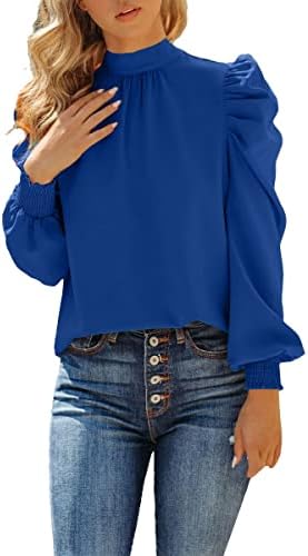 Blusa de babados para mulheres senhoras de cor sólida colarinho de colarinho de colarinho de manga de puxão de tração de volta da moda casual da moda