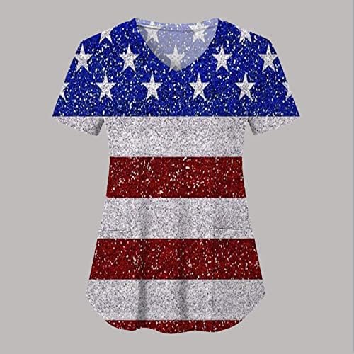 4 de julho camiseta camiseta para mulheres bandeira americana de verão camisetas de decote em V curto com 2 bolsos Bloups