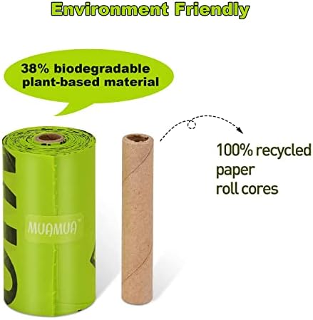 Bolsas de cocô de cachorro Muamua biodegradáveis ​​com dispensador e clipe de trela, rolos de recarga à prova de