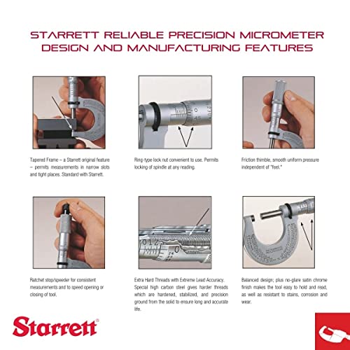 Starrett Micômetro externo com eixo de uma peça, acabamento cromado de cetim e design avançado de manga-ajuste rápido