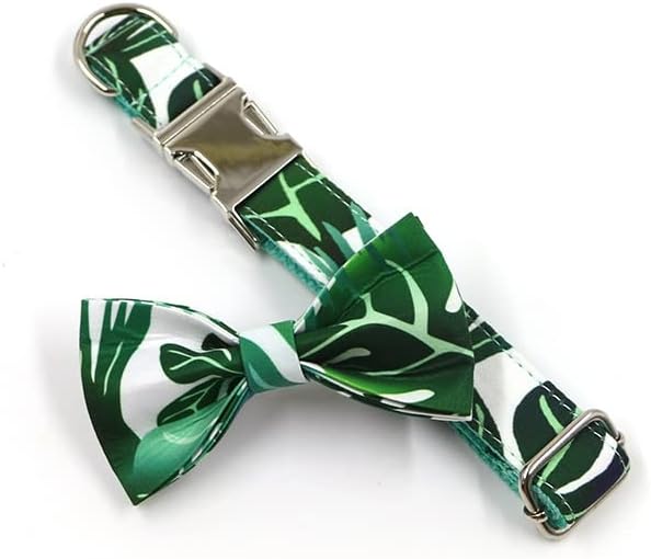 Colar de cachorro czdyuf com folhas verdes gravadas com nomes impressão elegante colarinho de estimação e coleira com gravata borboleta de colarinho de cachorro durável
