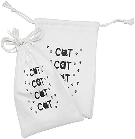 Conjunto de bolsas de tecido de Kitty de Ambesonne de 2, texto de gato de gatos redondos com pequenas impressões de pata em preto