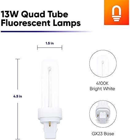Lâmpada fluorescente de 13 watt quadtrométrica com GX23-2, base de 2 pinos por lumenivo - 4100k Branco brilhante em forma de U Bulbos fluorescentes de 2 pinos - Plc 13w 2 pinos Tubos duplos CFL com 810 lumens Saída - 4 pacote