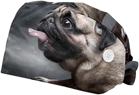 Rieodkfmhd 2 pacotes fofos pug e cachorro padrão de cão tampa de trabalho ajustável com botão, fita de suor de chapéu