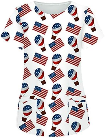 4 de julho Camisas para mulheres American Flag Summer Manga curta V-shirt pescoço com 2 bolsos Bloups Holiday Casual Workwear
