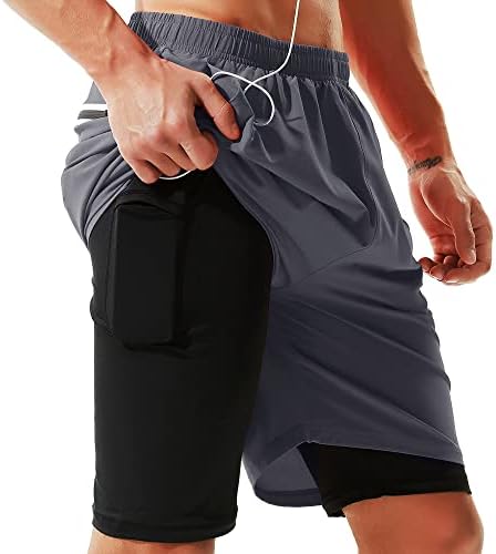Tenjoy Men's 2 em 1 shorts de corrida 7 Quick Dry Gym Athletic Shorts para homens com bolsos telefônicos